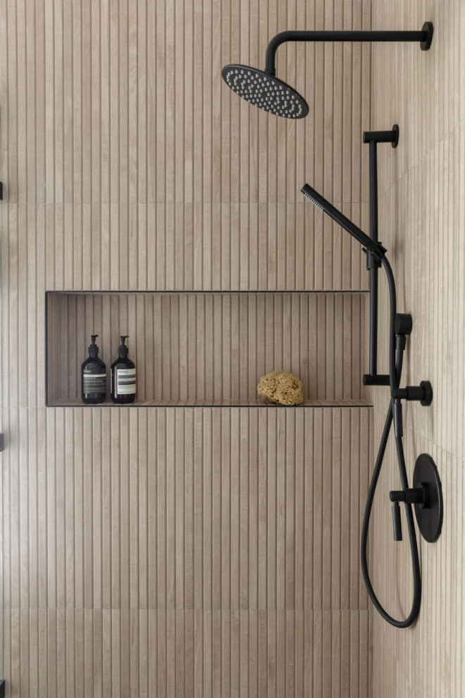 Inspiration for a mid-sized master bathroom in San Francisco with brown tile, wood-look tile, a hinged shower door and a corner shower.