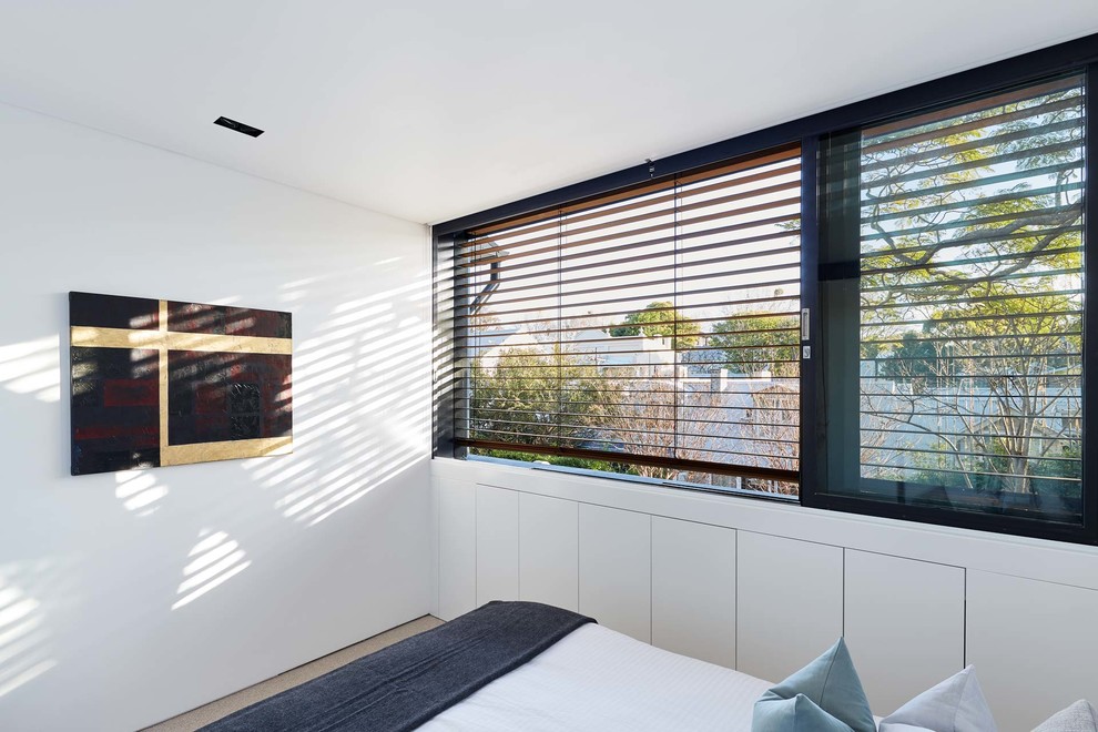 Mid-sized contemporary guest bedroom in Sydney with white walls and carpet.