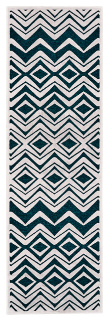 Weave & Wander Qazi Textured Lustrous Geometric Area Rug, Teal/White, 2'6"x8'