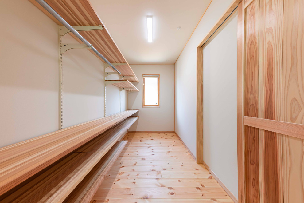 Источник вдохновения для домашнего уюта: гардеробная комната среднего размера, унисекс с светлым паркетным полом, бежевым полом и потолком с обоями