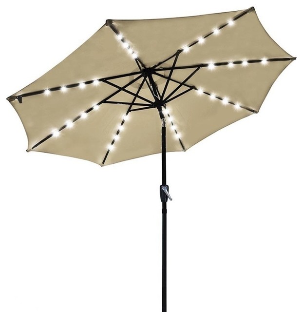 LAGarden Outdoor Patio 32 Led 8 Ribs Solar Powered Umbrella Crank Tilt, Beige
