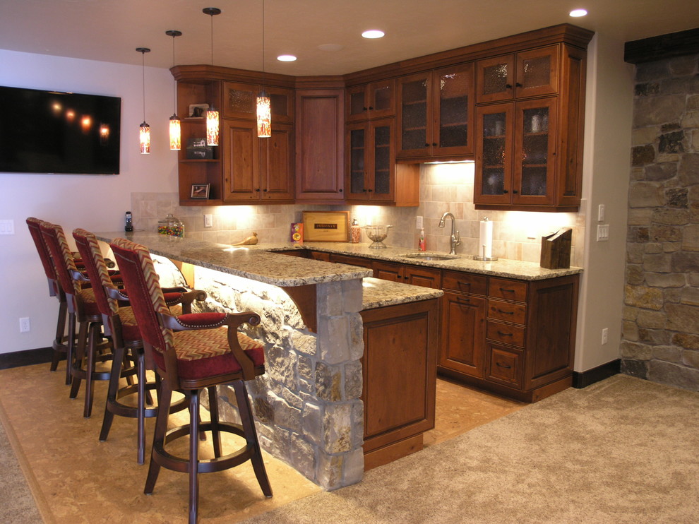 Photo of a mid-sized traditional basement in Denver with white walls, carpet and brown floor.
