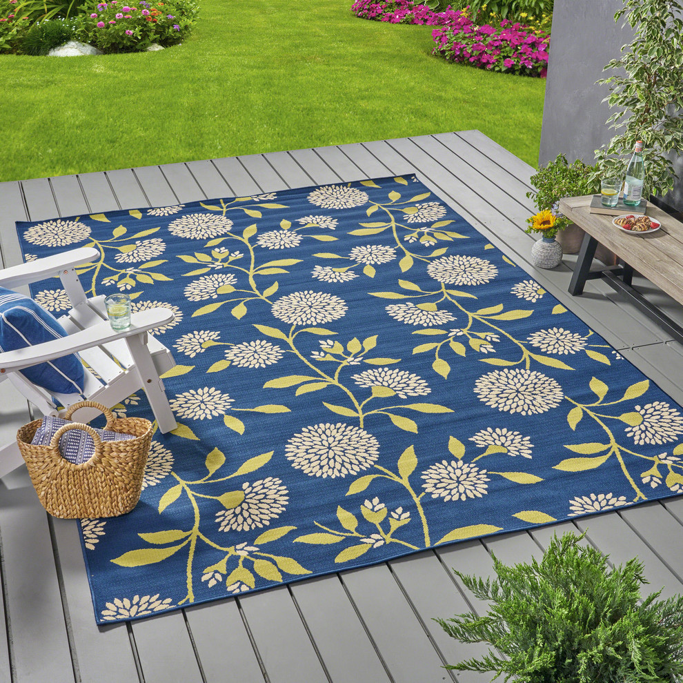 GDF Studio Tilda Outdoor Floral  Area Rug, Blue and Multicolored, 8'x11'