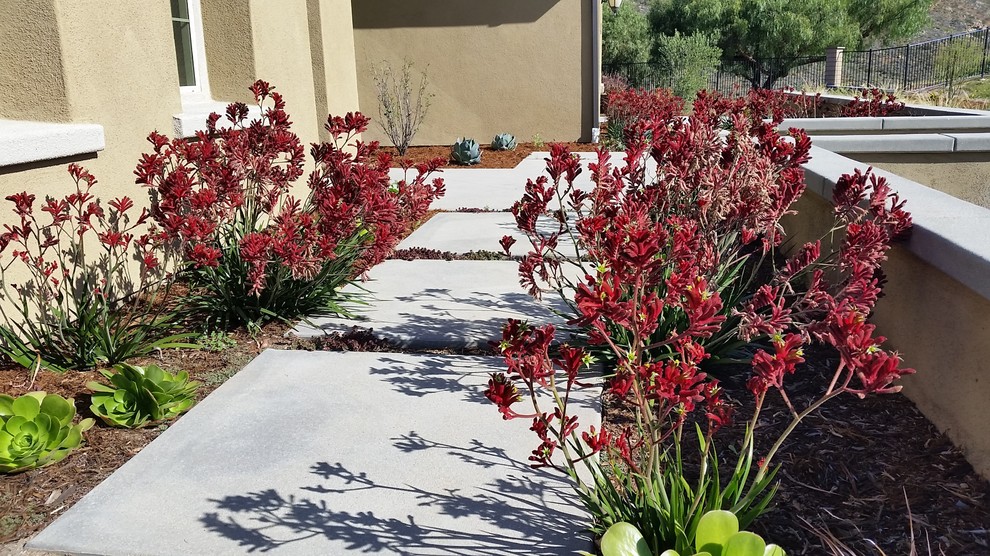 Inspiration for a large mediterranean front yard full sun xeriscape in San Diego with concrete pavers.
