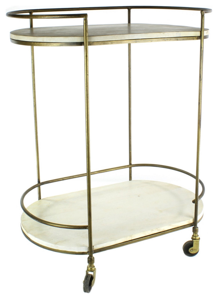 2 Tier Obround Shaped Metal Bar Cart with 2 Wooden Shelves,Brass and White Transitional Bar