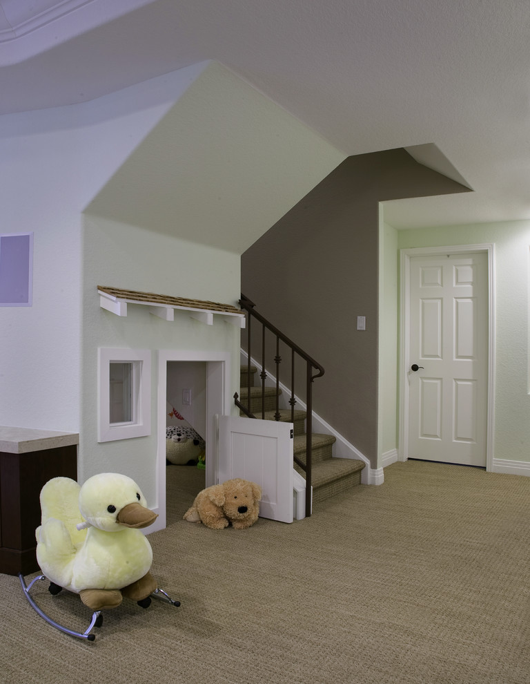 Photo of a traditional basement in Denver with carpet and beige floor.