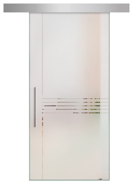 Frameless Sliding Glass Barn Door With Frosted Designs, Right, 26"x81", Semi-Private, T-Handle Bars