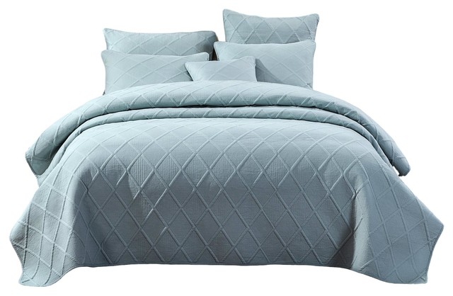 Seafoam Blue Diamond Pastel Cotton Bedspread Set, Full