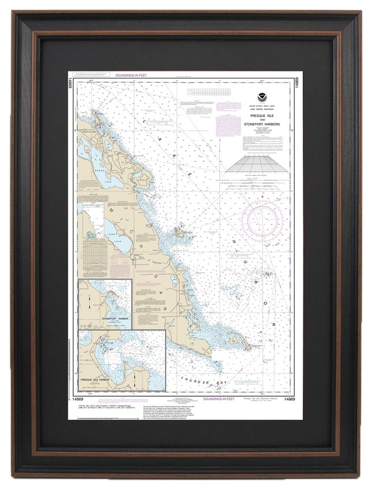 Framed Nautical Chart Lake Huron Presque Isle Stoneport Harbors 
