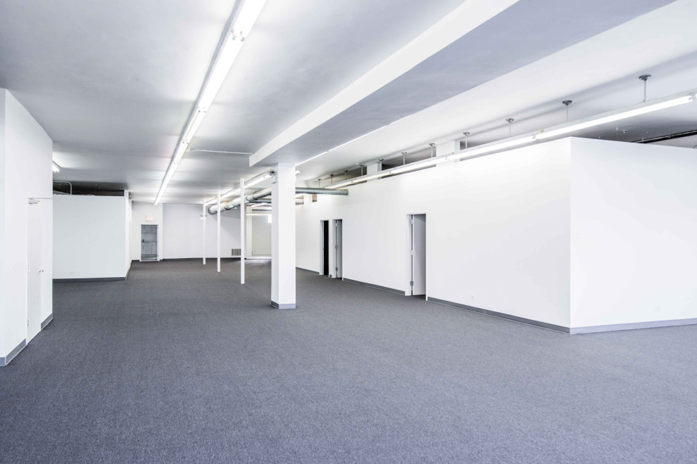 Imagen de recibidores y pasillos retro con paredes blancas, moqueta y suelo gris