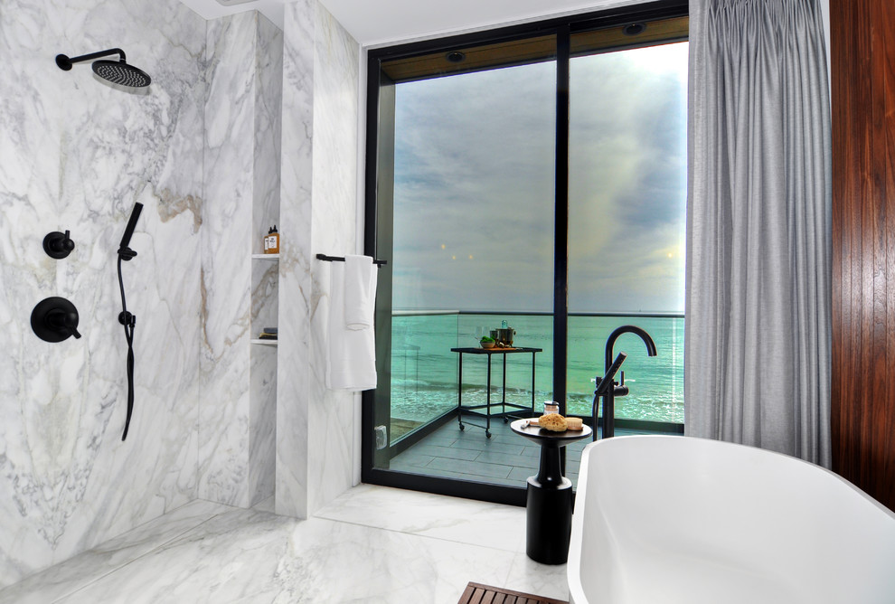 Inspiration for a contemporary master bathroom in Orange County with a freestanding tub.
