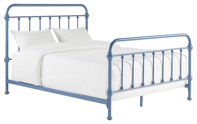 Solid Bed Frame, Spindle Accent Metal Construction, Blue Steel, Full