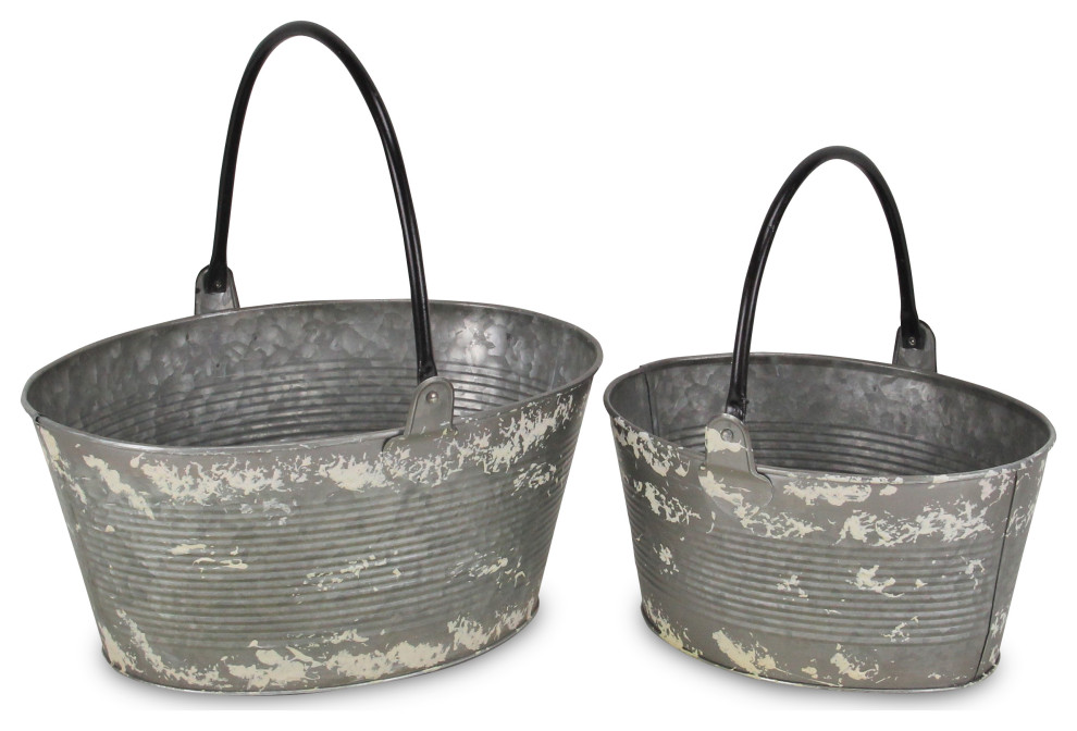 Rustic Galvanized Metal Oval Buckets With Swivel Handles, Set of 2