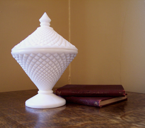 Milk Glass Covered Candy Dish by Sherwood Vintage