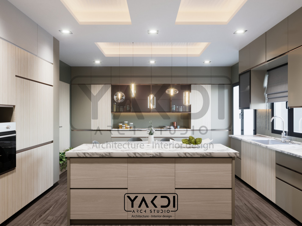 Eat-in kitchen - large modern u-shaped porcelain tile, brown floor and coffered ceiling eat-in kitchen idea with a double-bowl sink, beaded inset cabinets, light wood cabinets, marble countertops, green backsplash, stone slab backsplash, stainless steel appliances, an island and white countertops