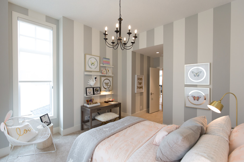 Example of a bedroom and large farmhouse girl carpeted and beige floor kids' bedroom design in Calgary with multicolored walls