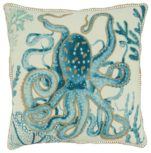 Octopus Design Throw Pillow With Poly Filling, Aqua, 20"