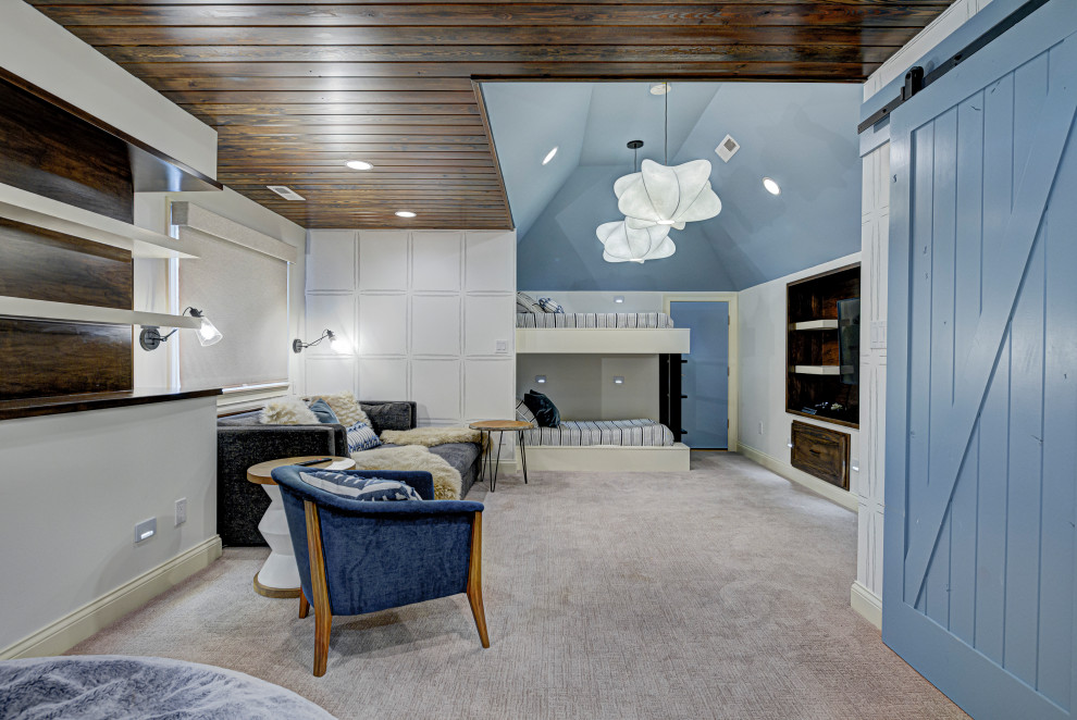 Idées déco pour une chambre d'enfant contemporaine de taille moyenne avec un mur blanc, moquette, un sol beige et un plafond voûté.
