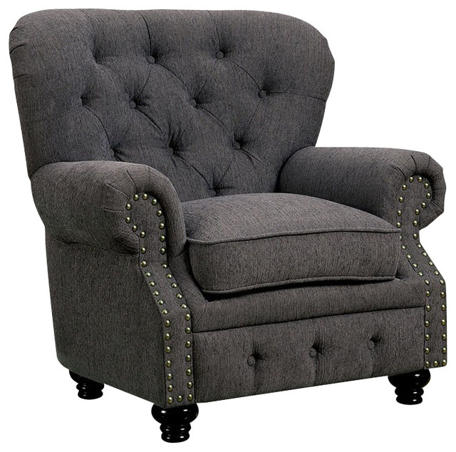 Traditional Gray Fabric Chair with Nailhead Trim Traditional