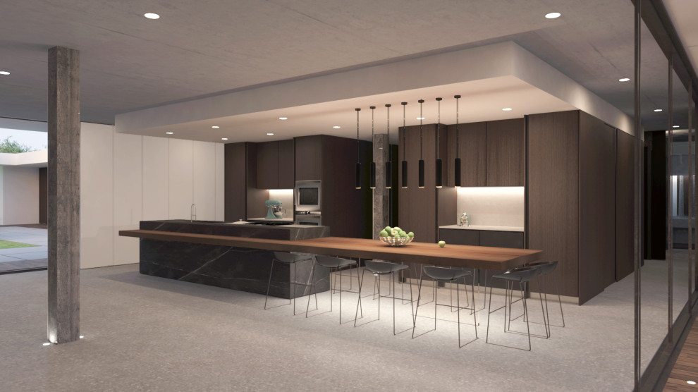 Design ideas for a large contemporary single-wall open plan kitchen in Other with an integrated sink, open cabinets, dark wood cabinets, quartz benchtops, stainless steel appliances, medium hardwood floors, with island, grey floor, grey benchtop and recessed.