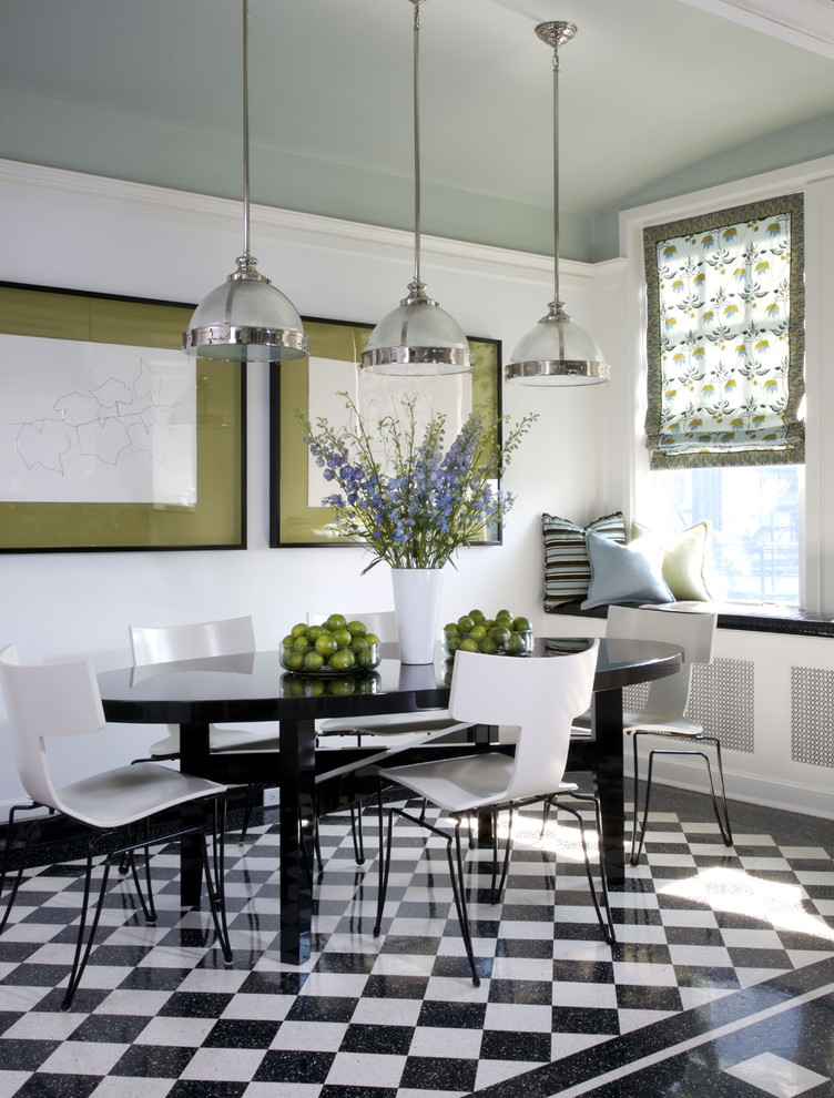 Design ideas for a contemporary dining room in Other with white walls, ceramic floors and multi-coloured floor.