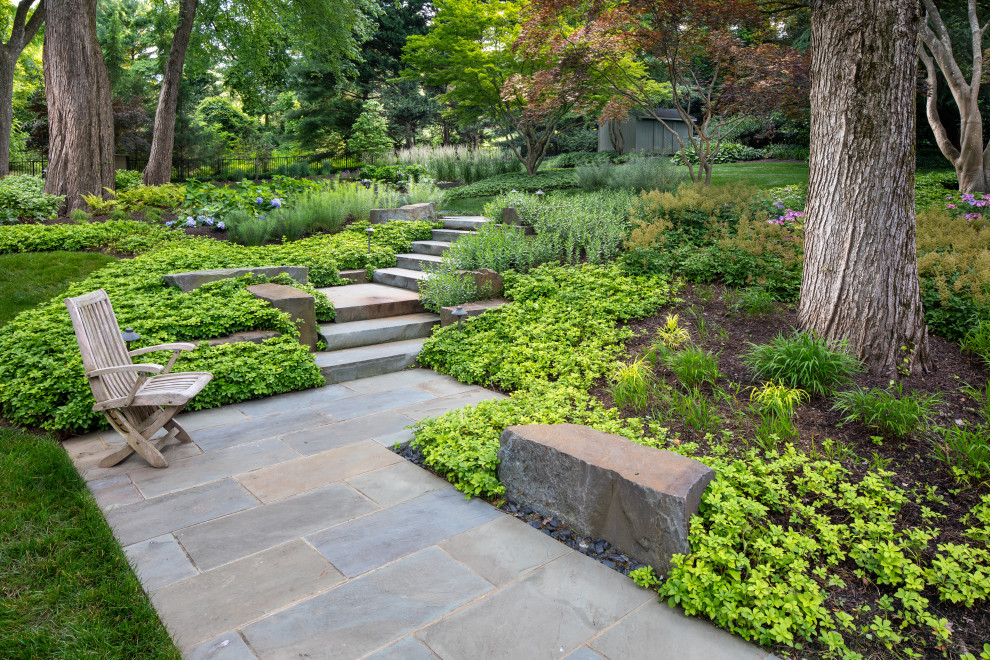 Inspiration for a transitional partial sun backyard stone landscaping in DC Metro.