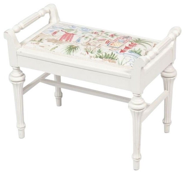 Small White Bench with Chinoiserie Seat