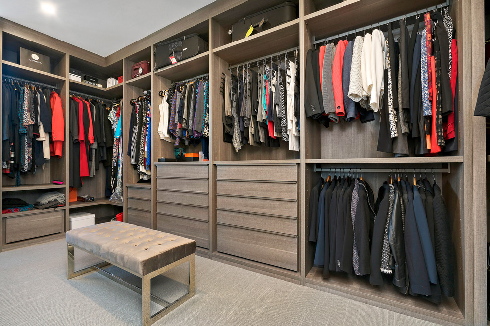 Photo of a large contemporary women's walk-in wardrobe in Sydney with open cabinets, carpet and grey floor.