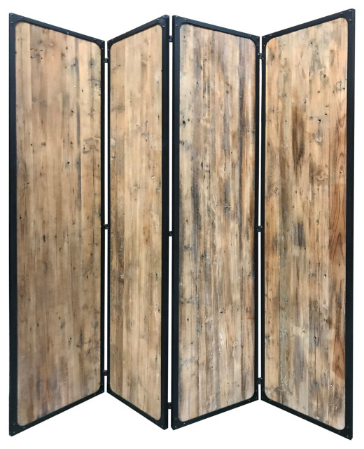 84" 4 Panel Metal Frame Room Divider, Black and Brown Rustic