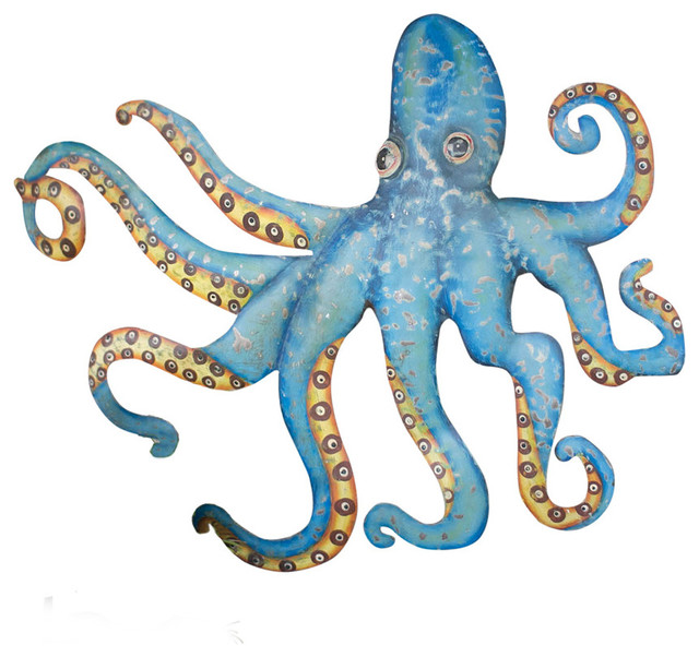 HAND HAMMERED RECYCLED METAL OCTOPUS WALL HANGING Beach Style Metal