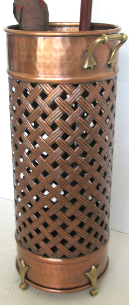 Solid Copper Umbrella Stand Wovenwork Pattern 8.5"W x 21.5"H