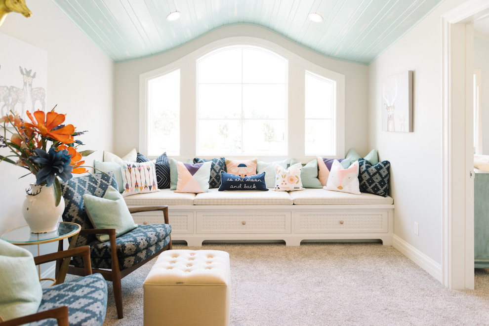 Design ideas for a transitional family room in Salt Lake City with white walls and carpet.