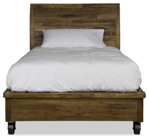 Magnussen Braxton Twin Size Panel Bed w Casters, Distressed Natural Rustic Platform Beds