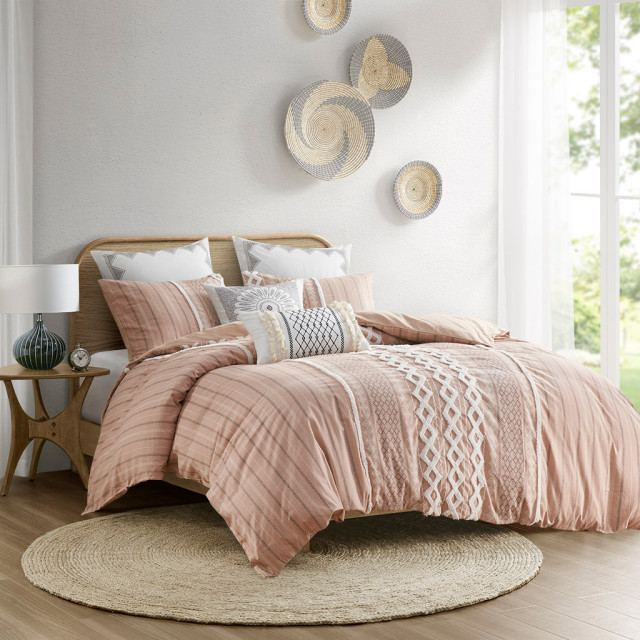 INK+IVY Imani Cotton Printed Duvet Cover Set With Chenille, Blush