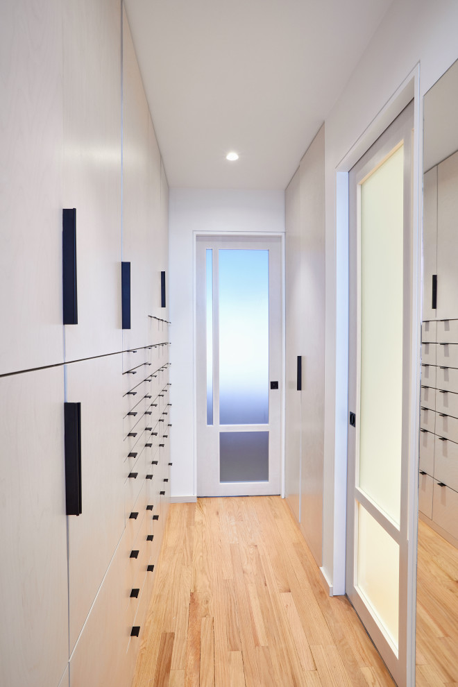Inspiration for a small gender-neutral light wood floor and beige floor built-in closet remodel in New York with flat-panel cabinets and gray cabinets