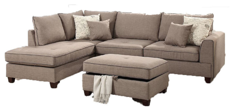 Pancevo 3-Piece Dorris Fabric Sectional Sofa Set With Storage Ottoman, Mocha