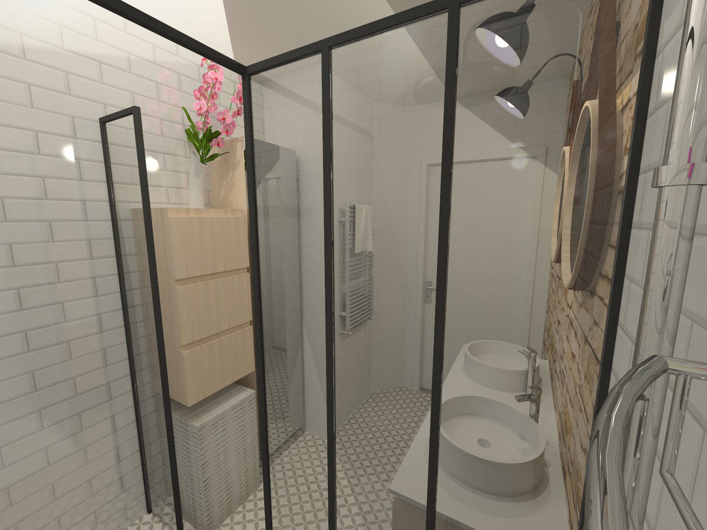Photo of a small contemporary 3/4 bathroom in Grenoble with light wood cabinets, a curbless shower, beige tile, matchstick tile, beige walls, ceramic floors, a drop-in sink, beige floor and an open shower.