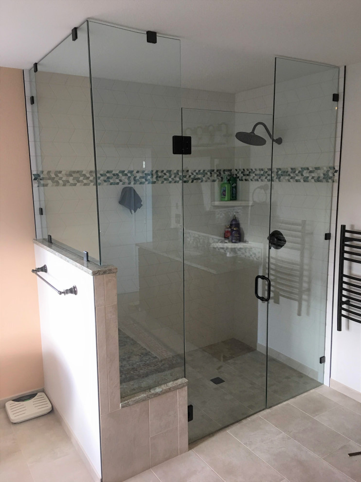 Large classic ensuite bathroom in Other with raised-panel cabinets, dark wood cabinets, a claw-foot bath, a built-in shower, a two-piece toilet, white tiles, porcelain tiles, white walls, porcelain flooring, a submerged sink, engineered stone worktops, grey floors, a hinged door, green worktops, an enclosed toilet, a single sink and a built in vanity unit.