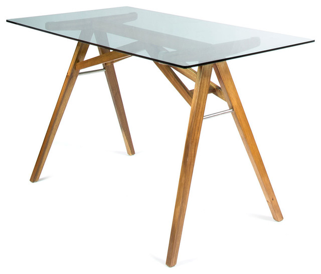 Camey Mid Century Acacia Wood Desk With Tempered Glass Top