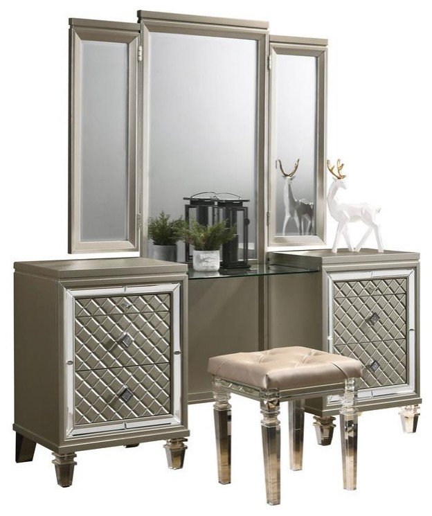 Champagne Silver Wood Vanity With Jewelry Hangers Traditional Bedroom Makeup Vanities By Homesquare Houzz - Alexanderia Silver Vanity Linon Home Decor