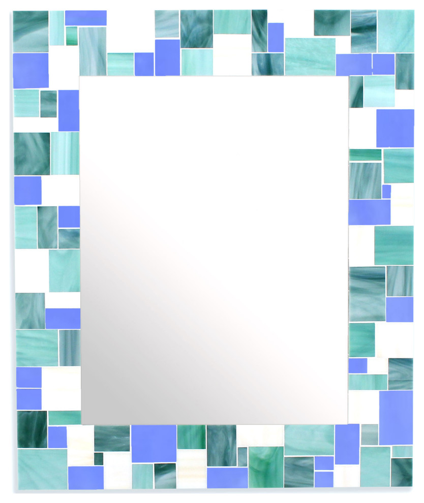 Decorative Mosaic Blue Squares Wall Mirror, 26x36"