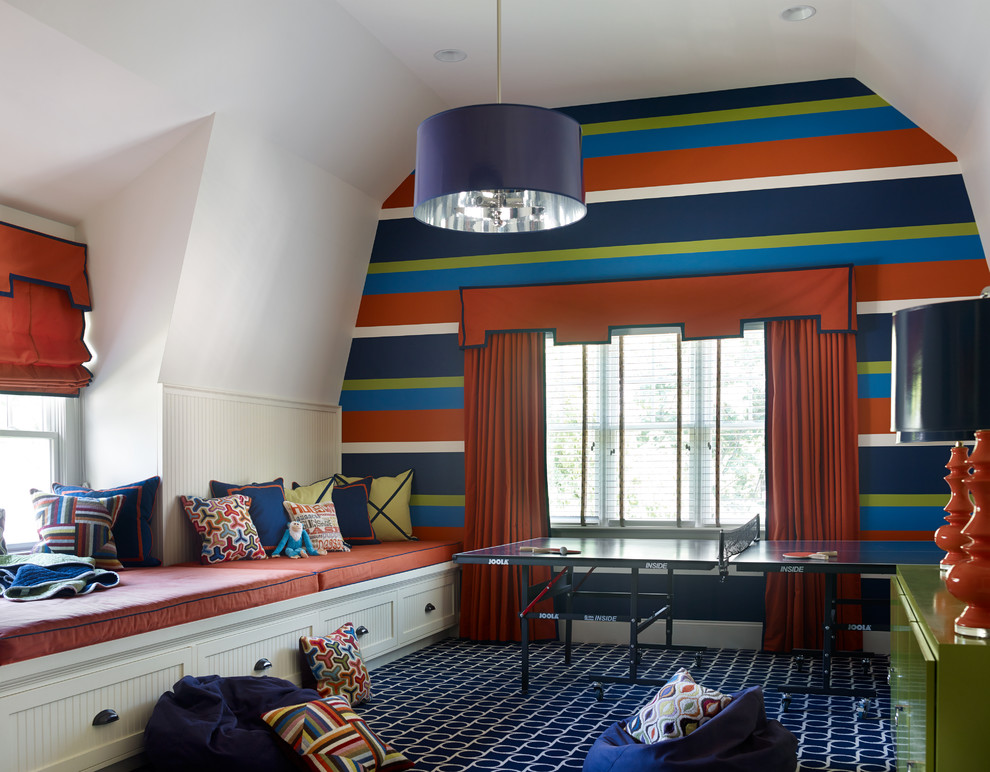 Design ideas for a large traditional gender-neutral kids' playroom for kids 4-10 years old in Charlotte with multi-coloured walls and carpet.