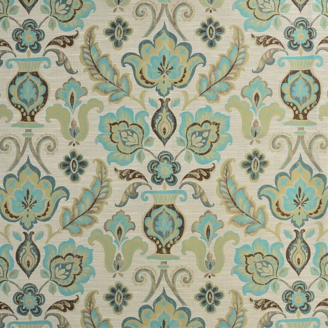 Turquoise Blue Floral Damask Upholstery Fabric Contemporary