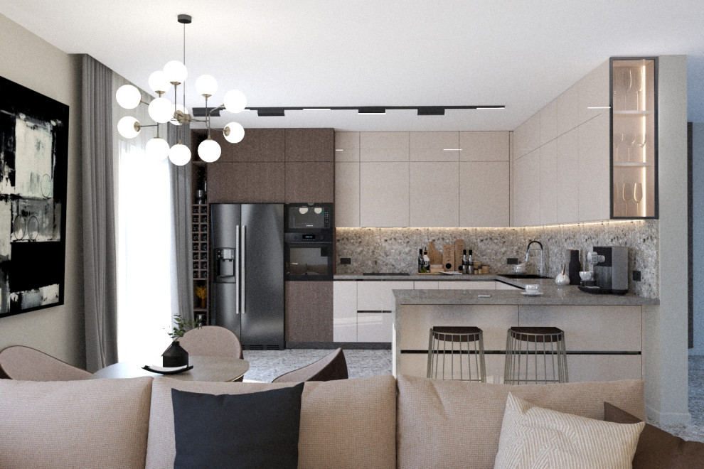 Визуализация кухни совмещенной с гостиной.