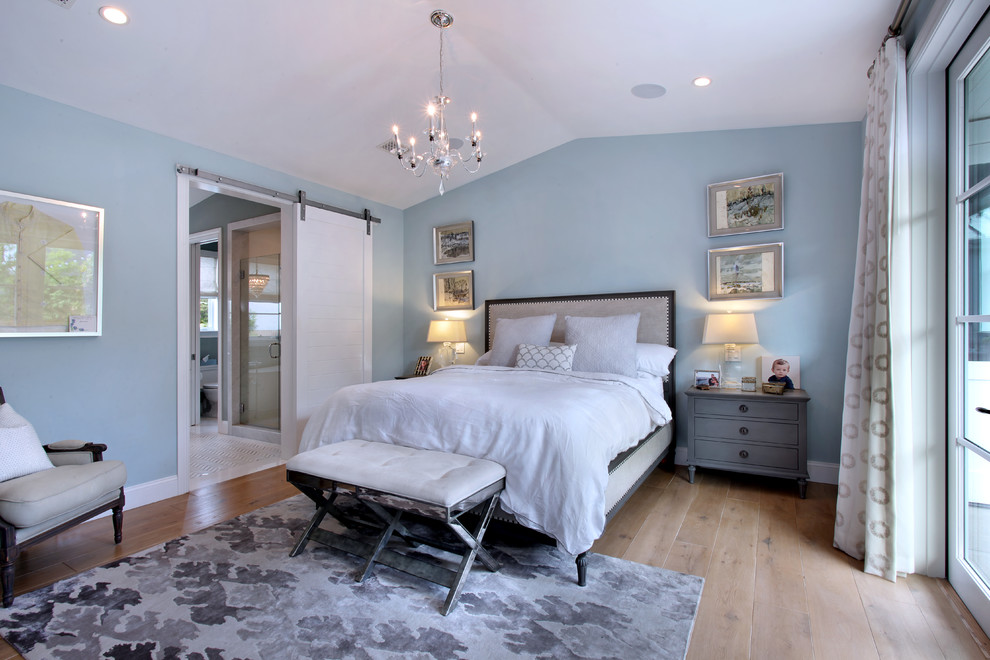 Inspiration for a transitional bedroom in Orange County with blue walls and medium hardwood floors.