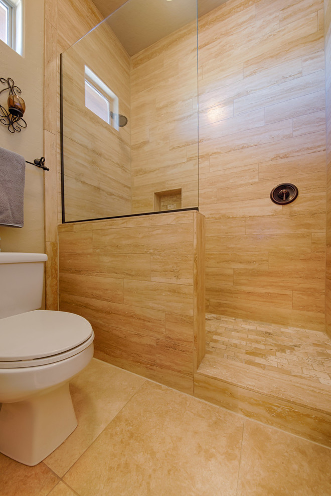 Home design - mid-sized transitional 3/4 beige tile and travertine tile travertine floor and beige floor home design idea in Phoenix with a two-piece toilet