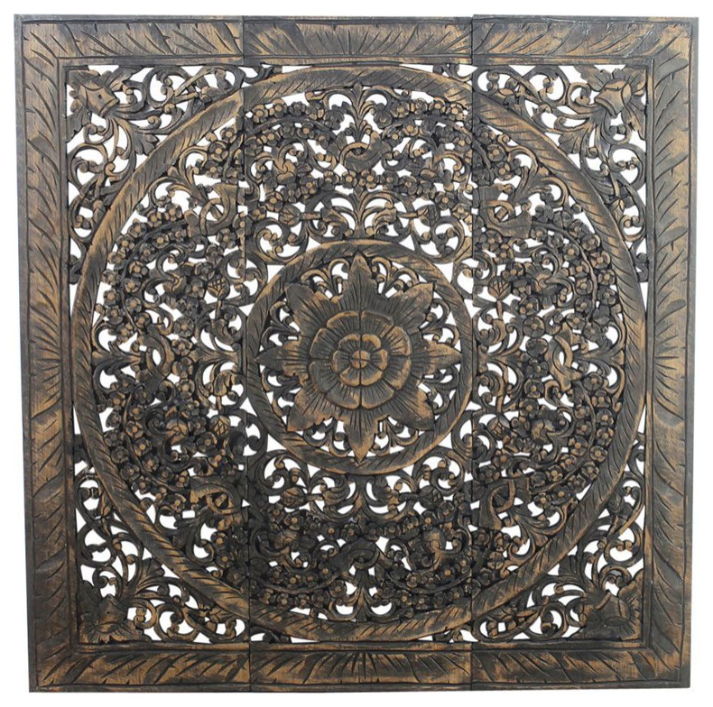 Haussmann® Teak Lotus Panel Inlay 36 in x 36 in Black Stain Wax 
