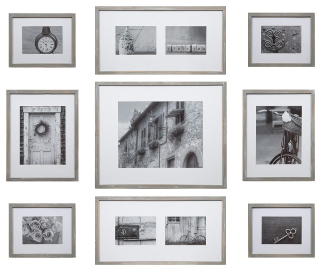 9 Piece Gray Wash Wood Photo Frame Wall Gallery Kit Contemporary 9 Piece Gray Wash Wood Photo Frame Wall