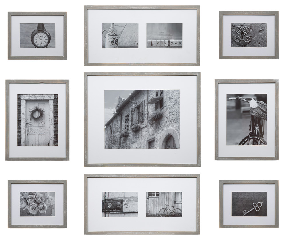 9 Piece Gray Wash Wood Photo Frame Wall Gallery Kit Contemporary Wall Accents by Pinnacle