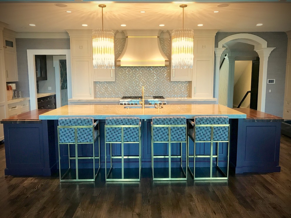 Huge transitional u-shaped dark wood floor and brown floor open concept kitchen photo in DC Metro with an undermount sink, recessed-panel cabinets, gray cabinets, quartzite countertops, gray backsplash, ceramic backsplash, stainless steel appliances, an island and beige countertops